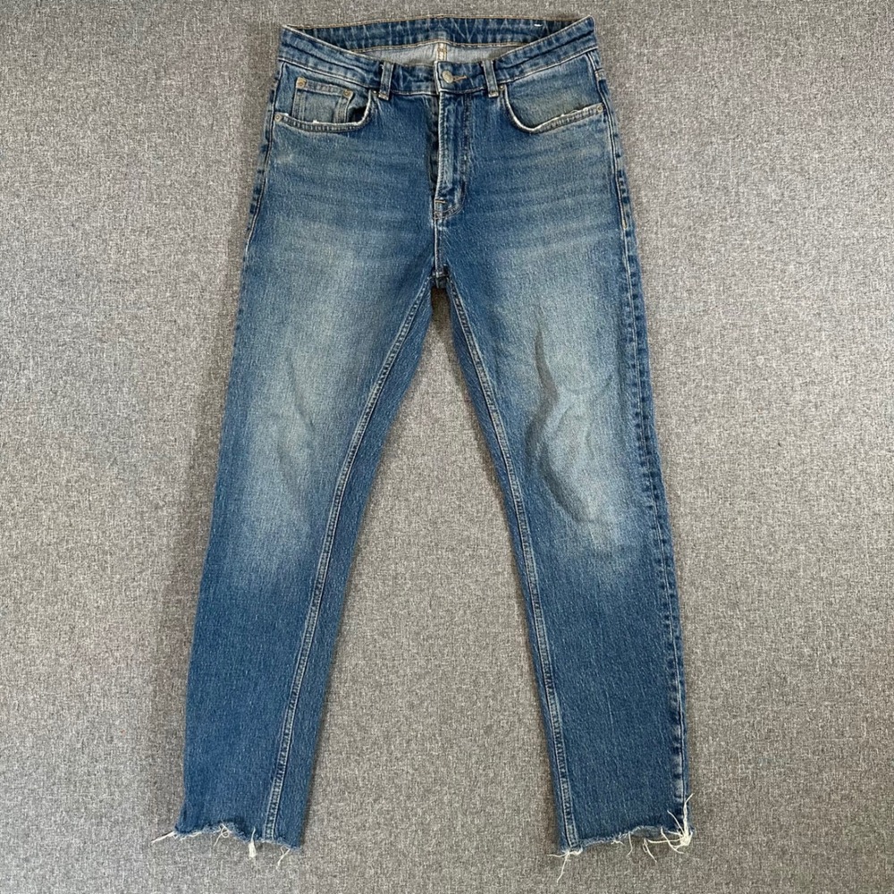 Zara Jeans Mens 30 Denim Standards Blue Slim Raw Hem Distressed Turkish Denim